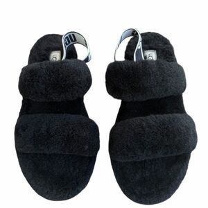 UGG Oh Yeah Black Fluff Sheepskin Black  Double-Strap Slingback Slippers size 9